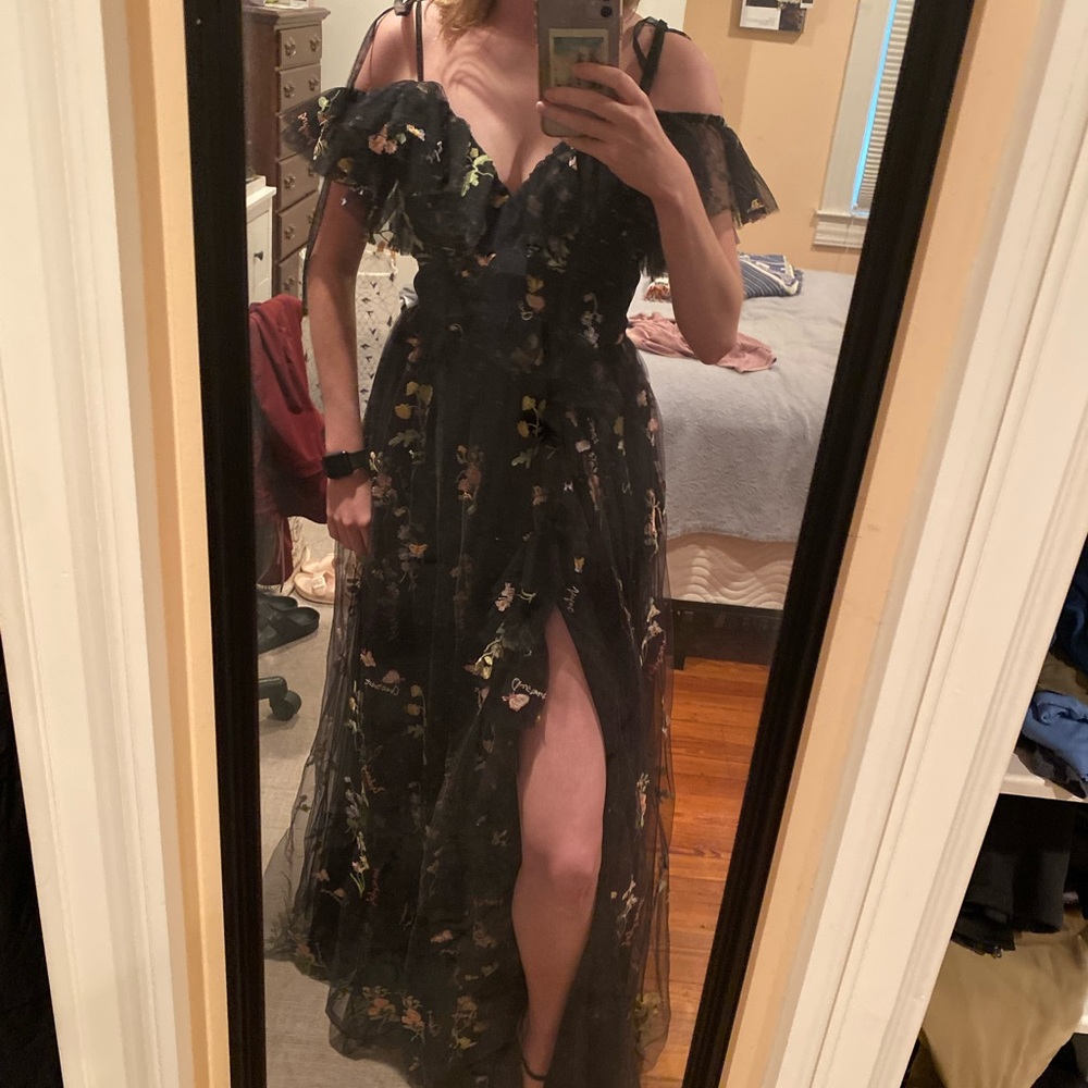 Black tulle corset back embroidered flower gown